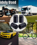 Bullet Shell Tire Valve Stem Caps Set In Aluminum Alloy with images of motorcycle, truck, car, and bicycle in background.