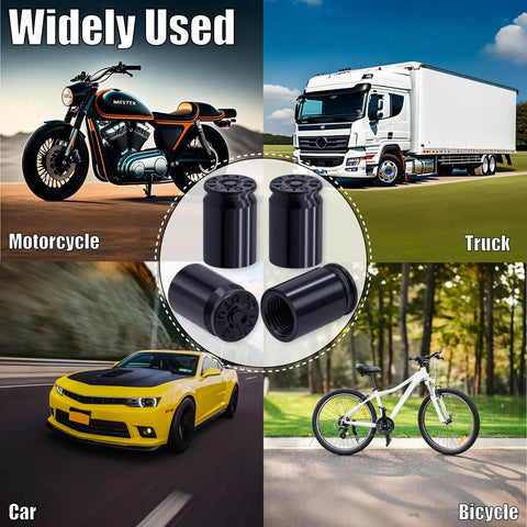 Bullet Shell Tire Valve Stem Caps Set In Aluminum Alloy with images of motorcycle, truck, car, and bicycle in background.