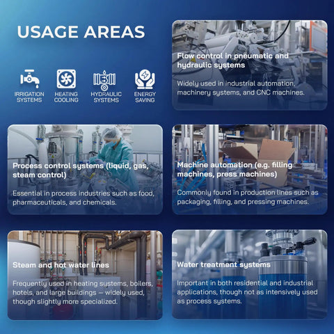 Image describing industrial and commercial usage areas for control systems including irrigation, heating, and water treatment.