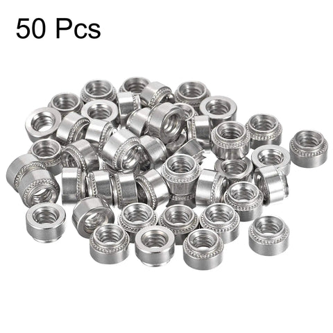 Top Drawer Heavy Duty Self Clinching Nuts Quarter 20 Thread Stainless Steel Rivet Nut With Round Head For Thin Sheet Metal And Quick Install Mounting Hardware Fifty Pack displayed in a pile.
