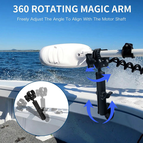 Rock Solid Trolling Motor Stabilizer Mount with grippy silicone grip, 360 degree adjustable clamp on boat rail