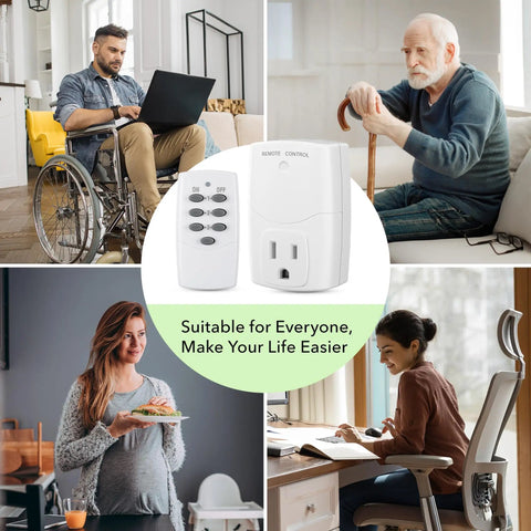 Mini Wireless Remote Outlet Kit With One Remote And Three Outlets For Household Appliances Remote Light Switch For LED Bulbs White Plug In 1250W 10A Ready To Go in a lifestyle setting with diverse people in various rooms.