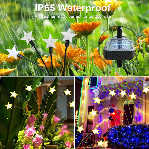 Two Pack Solar Firefly Lights For Garden Upgraded Swaying Iron Wire Outdoor Decor in star shape with flowers and night glow.