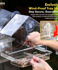 Displaying 2026 Window Bird Feeder With Windproof Tray Lock, Chewproof PC Build, Strong Suction Cups, and Removable Tray