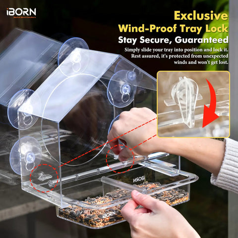 Displaying 2026 Window Bird Feeder With Windproof Tray Lock, Chewproof PC Build, Strong Suction Cups, and Removable Tray