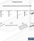 Hardware contents for Beefy Three Tier Wire Shelving Unit For Home And Garage with screws, anchors, rails, and brackets
