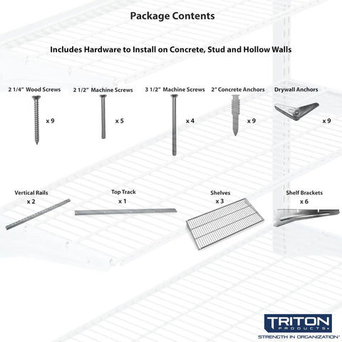 Hardware contents for Beefy Three Tier Wire Shelving Unit For Home And Garage with screws, anchors, rails, and brackets