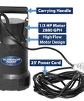 Oil Free 1/3 HP Utility Pump With High Flow Up To 2880 GPH, Pumps Water Up To 25 Feet, Handles Solids Up To 3/16 Inch, black