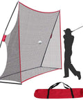 Portable 10x7ft Golf Practice Net With Carry Bag For Indoor Outdoor Backyard Driving Hitting And Chipping Training Durable Frame Easy Setup For Home Golfers shown with silhouette of golfer hitting a ball.