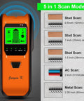 Smart 5 In 1 Stud Finder And Wall Scanner With Battery showing 5 scan modes for studs, metal, and AC wires with depth details.