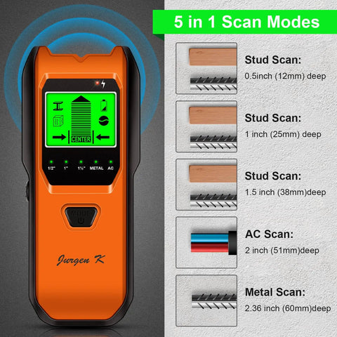 Smart 5 In 1 Stud Finder And Wall Scanner With Battery showing 5 scan modes for studs, metal, and AC wires with depth details.