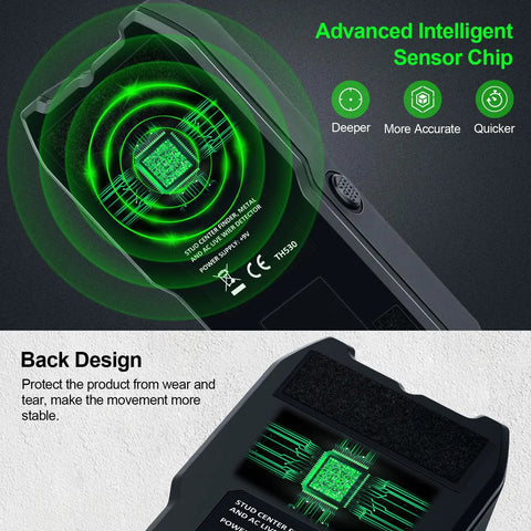 5 In 1 Stud Finder Wall Scanner With Audio Alarm And HD LCD Display showing advanced sensor chip and back design features.
