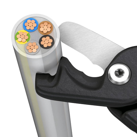 StepCut XL Cable Shears 9 Inch With High Leverage Joint And Comfort Handles cutting a multi-colored cable close-up