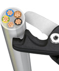 StepCut XL Cable Shears 9 Inch High Leverage For Thick Cables cutting through a multi-layered cable, detail of blade and handle.