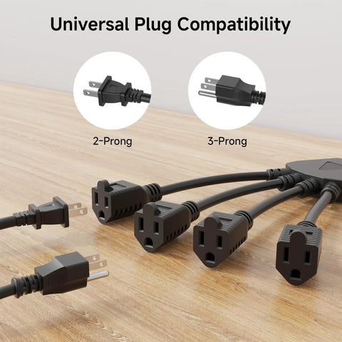 4 Outlet Power Splitter Cord 1.5ft Y Cable NEMA 5-15P To 5-15R 16 AWG Heavy Duty Extension Cord showing universal plug compatibility.