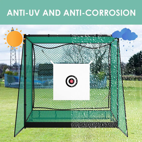 Golf Driving Cage With Ball Return System 10x10x10ft Heavy Duty Steel Frame Practice Net in outdoor setting with weather symbols