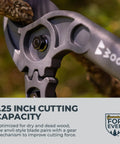 Close-up of Compact 16 Inch Lopper With Gear Assist Anvil Blade cutting dry branch, highlighting 1.25 inch capacity
