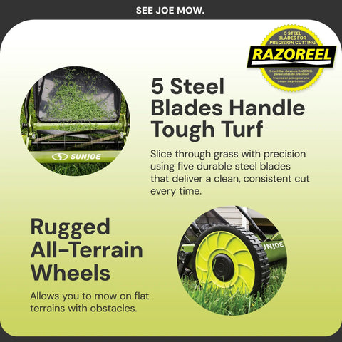 Manual Reel Lawn Mower For Small Yards No Gas With 16 Inch Cutting Width Push Behind Garden Tool with steel blades and durable wheels.