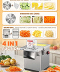 NEWTRY 4-in-1 stainless steel vegetable processor front view with slicer, shredder, dicer and crinkle cutter.