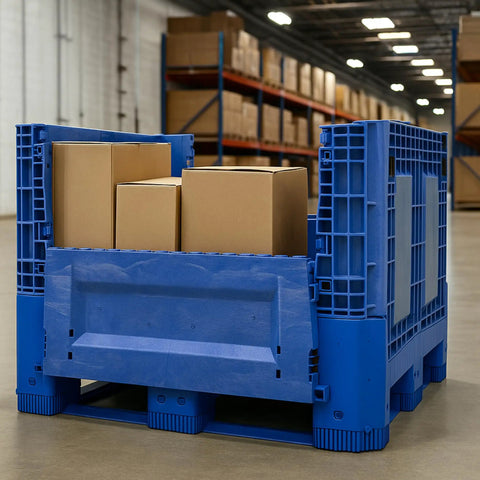 Heavy Duty Collapsible Bulk Box 48x40x33 Inch Plastic Storage Tote filled with cardboard boxes in a warehouse.
