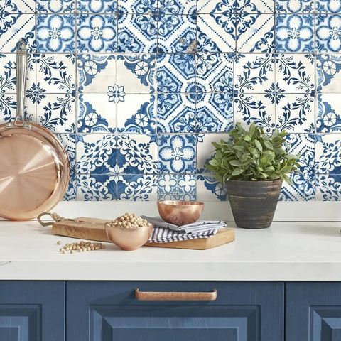 Blue Mediterranean Tile Peel And Stick Wallpaper No Mess No Water No Fuss Removable And Repositionable Washable Thick Self Adhesive Wall covering kitchen
