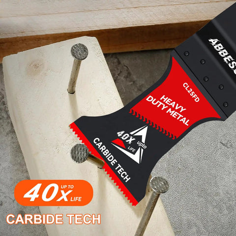 Four Pack Carbide Tipped Oscillating Multi Tool Blades For Cutting Embedded Nails Flush Wall Touch Ups Remodels Built Tough To Handle Daily Grind Without Folding Or Chipping, sitting next to protruding nails on a wooden block.