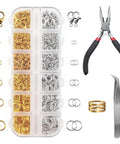DIY Jewelry Repair Kit With 1400 Pcs Assorted Jump Rings In Silver And Gold, includes pliers, necklace clasps, tweezers for crafting