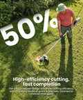 Man using Twisted Trimmer Line 18 Pack 0.095 Inch Replacement Line For 15 Inch String Trimmers to cut grass, large 50% text overlay.