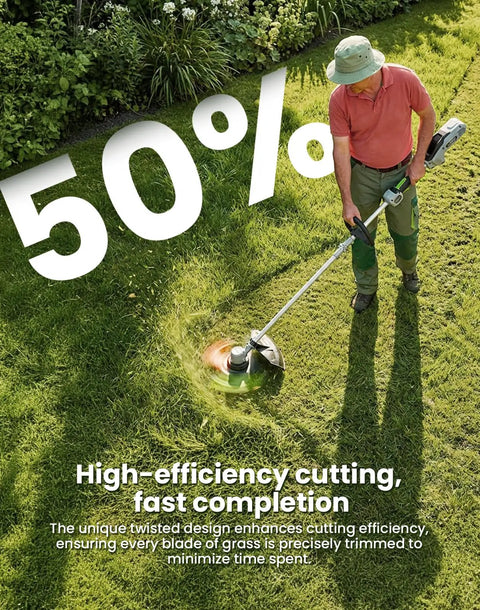 Man using Twisted Trimmer Line 18 Pack 0.095 Inch Replacement Line For 15 Inch String Trimmers to cut grass, large 50% text overlay.