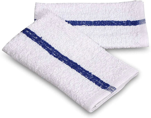 Soft Cotton Blend White Bar Mops For Restaurants And Kitchens 36 Pack With Blue Stripe 84 Percent Cotton 16 Percent Polyester