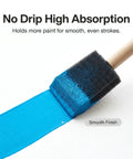 Super Smooth Poly Foam Paint Brushes With Ergonomic Handles For Effortless Application And Flawless Finish High Density Reusable Craft Tools Built Like A Rock For Killer DIY Results And Home Reno Jobs showing blue paint stroke on white surface.