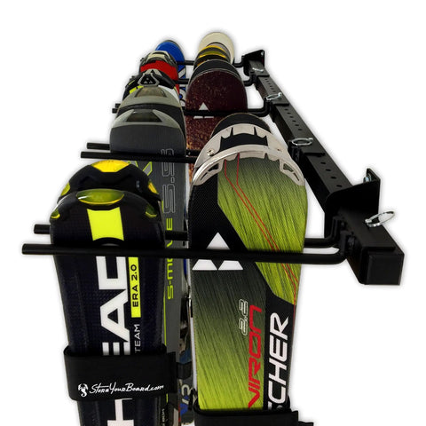 Heavy Duty Wall Mount Ski Storage Rack Designed To Hang Ten Pairs Of Skis And Poles With A Tough Three Hundred Pound Weight Capacity, showing skis mounted.