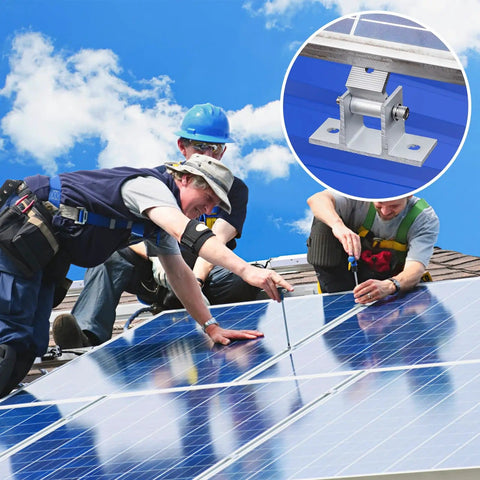 Workers installing solar panels with 8 Pack Adjustable RV Solar Panel Mounting Brackets With 10 to 60 Degree Tilt on roof.