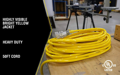 Heavy Duty Outdoor Extension Cord With Power Light Indicator, 12 Gauge SJTW, Water Resistant, High Visibility Yellow, 50 Foot