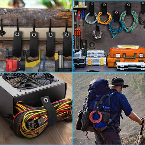 Heavy Duty Extension Cord Organizer Kit 12 Pack With 13 Inch Unfolded Straps Cord Wrap Hanger For Garage Tools Cable Hose Management Tangle Free Must Have Storage Essentials organizing tools and cables in a workshop and hiking gear.