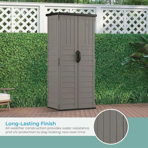 Vertical Outdoor Storage Shed with 22 Cubic Feet of Capacity, lockable double doors, weather resistant resin panels in backyard