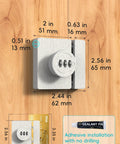 Solid Keyless Cabinet Lock With Three Digit Combo For Sliding Doors And Drawers Featuring Anti Pry Bar And No Sweat Install White Finish dimensions on wooden surface.
