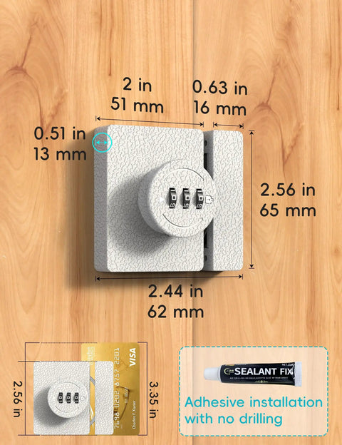 Solid Keyless Cabinet Lock With Three Digit Combo For Sliding Doors And Drawers Featuring Anti Pry Bar And No Sweat Install White Finish dimensions on wooden surface.