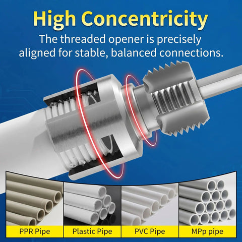 Heavy Duty Pipe Threader Kit For Electric Drill Includes 0.5 And 0.75 Inch Plastic Pvc Tap Die Set showing high concentricity and alignment for stable connections.