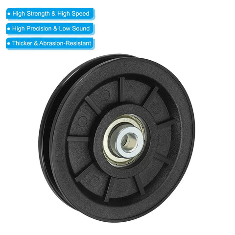 Heavy Duty Nylon Pulley Wheels 4 Pack For Cable Machines And Gym Equipment Featuring Smooth Bearings And Built Like A Tank Construction That Handles Massive Weights Without Skipping A Beat For Your Daily Grind Setup, black pulley with steel insert.