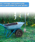 Wheelbarrow using Two Pack 14.5x3.50-8 Flat Free Wheel Set with steel rim, loaded with soil in a garden setting.