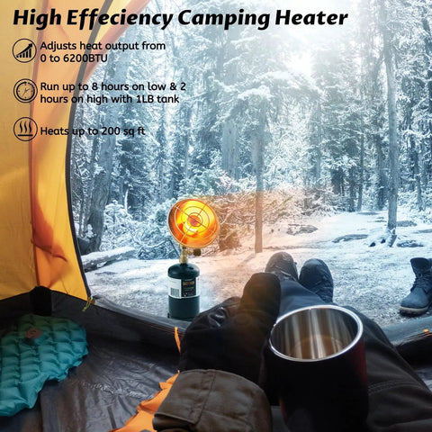 6200BTU Propane Heater With Windproof USB Lighter for Camping And Outdoor Use inside a tent with winter landscape view