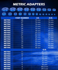 Metric adapters for Bearing Race And Seal Driver Kit 43-Piece Set With 23 Metric And 16 SAE Adapters, sizes and specifications table.