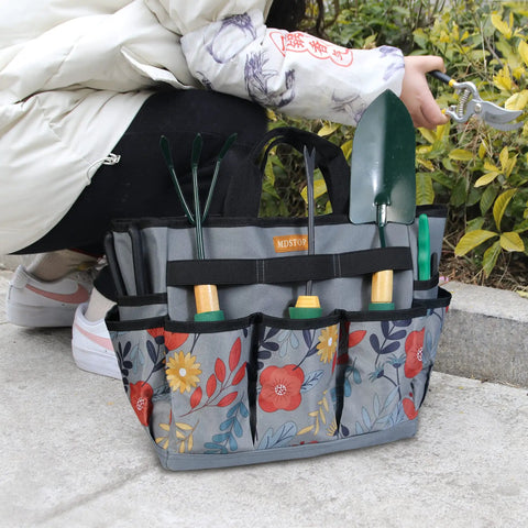 Floral Garden Tool Tote Organizer Bag With 8 Roomy Pockets, Durable 600D Oxford Exterior, Reinforced Bottom For Upright Stability