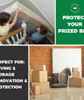 People carrying a queen mattress in a clear bag for moving, next to stacked boxes. Product: Mattress Bags For Moving And Storage Heavy Duty 4 Mil Reusable Waterproof Mattress Cover Protector Clear 100 By 64 By 15 Inches For Queen Beds Stays Dry Dust Free Easy Seal With Tape Strips.