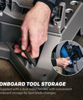 Pro Grade 14 Inch Cold Cut Miter Chop Saw showing onboard tool storage for quick blade changes and hex key access.