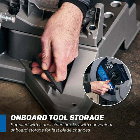 Pro Grade 14 Inch Cold Cut Miter Chop Saw showing onboard tool storage for quick blade changes and hex key access.