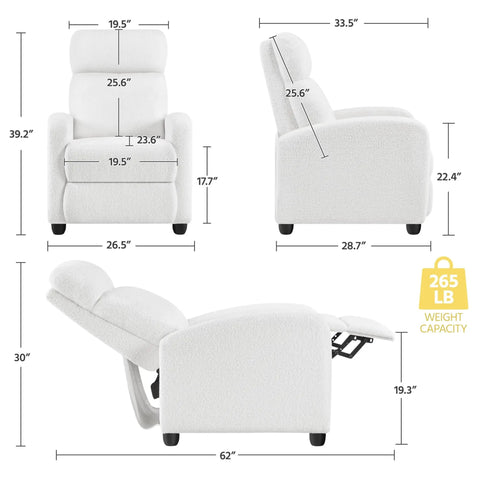 Boucle Laidback Cozy Recliner Sofa With Push Back Design Adjustable Modern Single Recliner Chair dimensions and modes