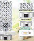 Crystal Touch Table Lamps Set of 2 With USB C and USB A Charging Ports, 3-Way Dimmable Nightstand Lamps for Teen Girls' Bedrooms
