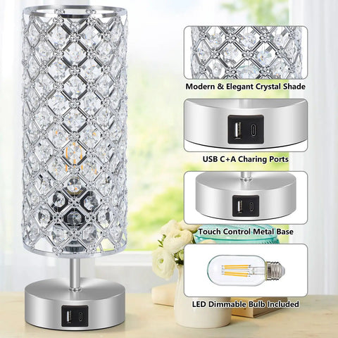 Crystal Touch Table Lamps Set of 2 With USB C and USB A Charging Ports, 3-Way Dimmable Nightstand Lamps for Teen Girls' Bedrooms